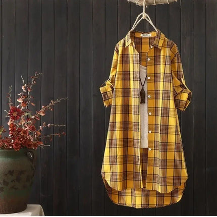 Plus Size Korean Style Plaid Blouses Medium Long Casual Style Shirt Loose Women All Match Long Sleeved Shirts Sunscreen Blouses