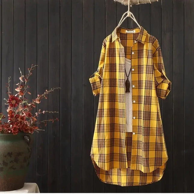 Plus Size Korean Style Plaid Blouses Medium Long Casual Style Shirt Loose Women All Match Long Sleeved Shirts Sunscreen Blouses