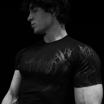 05-Men's Wing & Cross Print Compression Tight Fit Short Sleeve Sports Shirt Workout Tops Gym Compression High Stretch