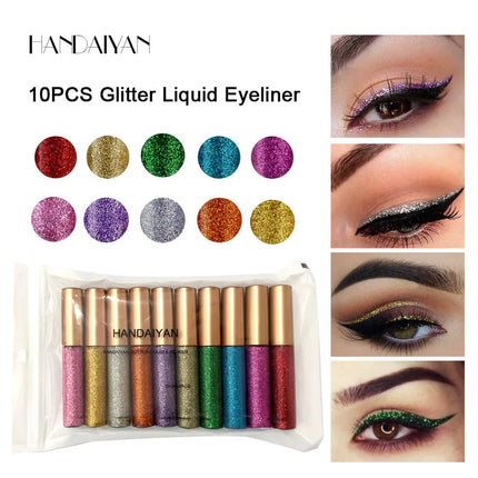 Glitter Liquid Eyeliner Set 10 Pieces Metallic Shimmer Eye Liner Long Lasting Sparkling Eyeshadow Tint Smudge Proof Cosmetics