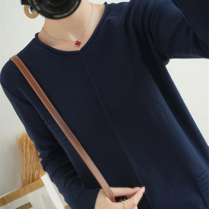 2023 Autumn/Winter Women's New Pullover Casual Solid 100% Cotton Knitted V-Neck Loose Sweater Fashion Soft Breathable Top