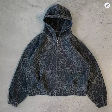 2025 autumn and winter European and American Harajuku new warm leopard print dark design fashionable zipper hooded sweatshirt