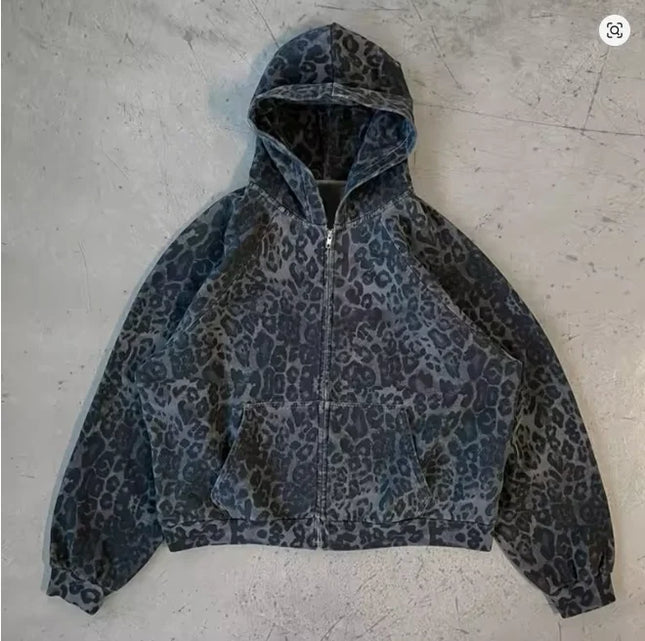2025 autumn and winter European and American Harajuku new warm leopard print dark design fashionable zipper hooded sweatshirt