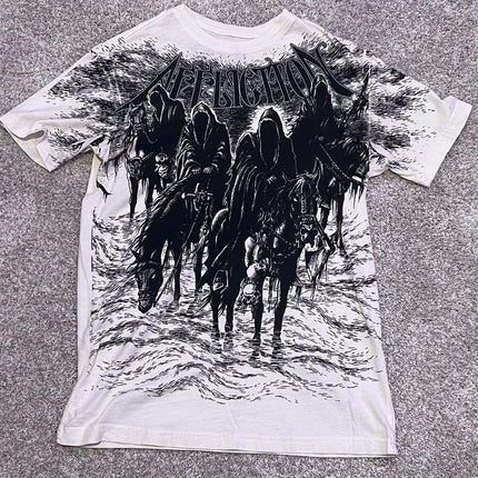 AFFICTION Red Goth Short Sleeves Men Women Vintage Cotton Couple Matching Hip Hop Streetwear Distressed Round Summer Grunge Tee
