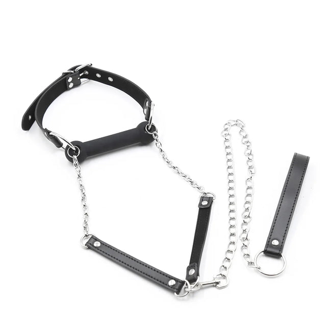 Leather BDSM Head Harness Silicone Mouth Bit Gag with Lead Chain Restraint Gear Adult Sex Toy for Men Women Fetish Role Play