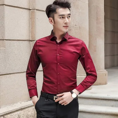 Slim Fit Long Sleeve Silk Men's Shirt Hong Kong Style Workwear Iron-Free Professional Shirt Youth Fashion Spring