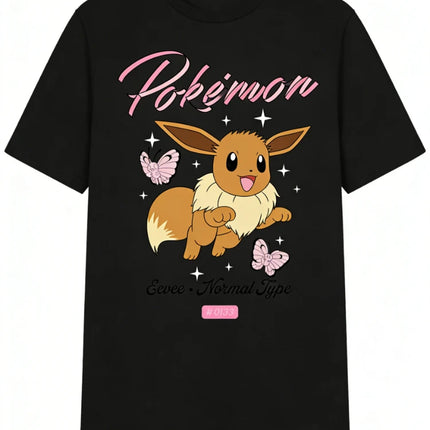 Bandai New Pokemon Genie Eevee Butterfly Print High Quality Fashion Men's Short Sleeve Parent-Child Loose Comfortable T-Shirt