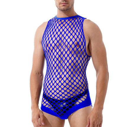 Male Sexy Lingerie Men's Fishnet Bodysuit Hollow Out Underwear Mesh Sleeveless Bandage Jumpsuit Guy Erotic Party Night Club Wear