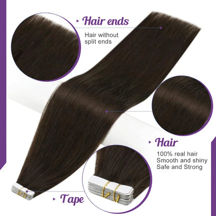 Human Hair Tape In Extensions Silky Straight Natural Color #2 Brown Color Hair Extensions Invisible 100% Real Human Hair Tape In