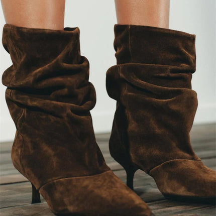 Liyke Brown Retro Elegant Designer Ankle Boots Women Fashion Pleated Suede Autumn Winter Low Thin Heels Party Prom Chelsea Shoes