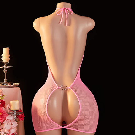 See Through Pink Sexy Women's Tight Mesh Dress Temptation Backless Shoulder Strap Hollow Out Bodysuit Skirt Erotic Clothing