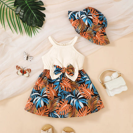 2Pcs Summer Baby girl Dress Maple leaves Bow Dress+Hat Set 0-3 Year Old Baby Girl Summer Beach Vacation Casual Dress