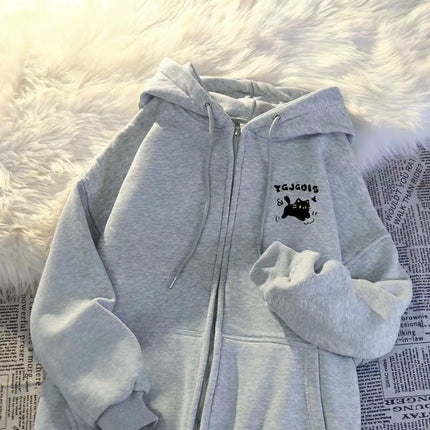 American Style Cat Print Open Cardigan Hoodie Jacket Loose Fit Long Sleeve Polyester Comfortable Casual Commute Style for Women