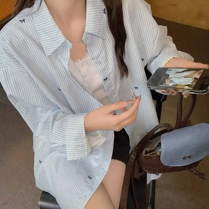 Women's Plus Size Long Sleeve Blue Striped Bow Print Shirt Casual Loose Unique Design Blouse