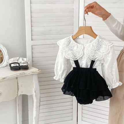 8508 Baby Girl's Clothing Set 2024 Spring New Solid Color Big Lapel Girl's Shirt Or Strap Bag Fart Pants Sweet Toddler Suit