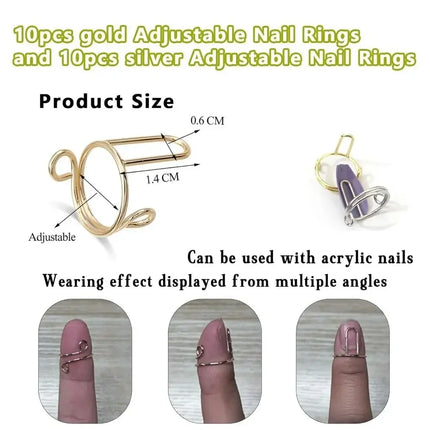 10PCS Nail Rings Fingertip Nail Rings for False Nail Women Girls Phalanx Ring Adjustable Reusable Removable Nail Art Decoration