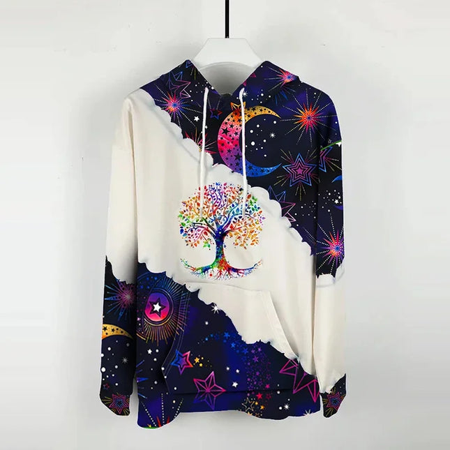 Moon Print Kangaroo Pocket Hoodie Casual Long Sleeve Drawstring Hoodies Sweatshirt Women's Clothing