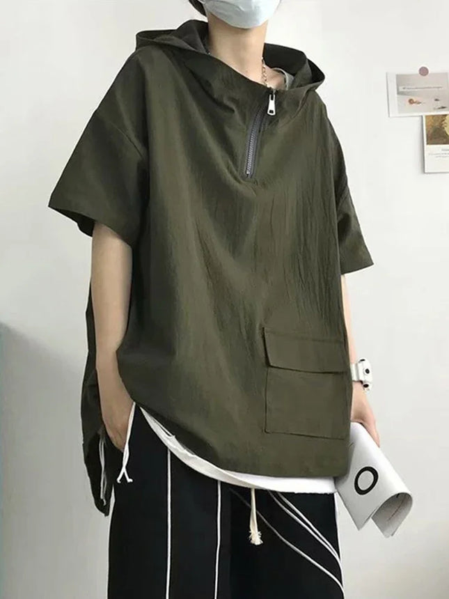 Summer Men's Vintage Short Sleeve Hooded T-Shirt Pocket Half Zip Cargo Tee Tops Solid Color Y2K Streetwear Pullover Tshirts