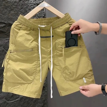 Summer Thin Style Men Pocket Work Clothes Handsome High Street All-match Loose Quick Drying Motion Casual Solid Color Shorts