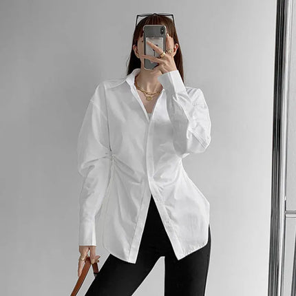 JOEVILU White Shirt Women’s Waist-defining Blouse Slim Fit Long Sleeve Tops Figure-hugging Office Shirts Korean Style Clothes