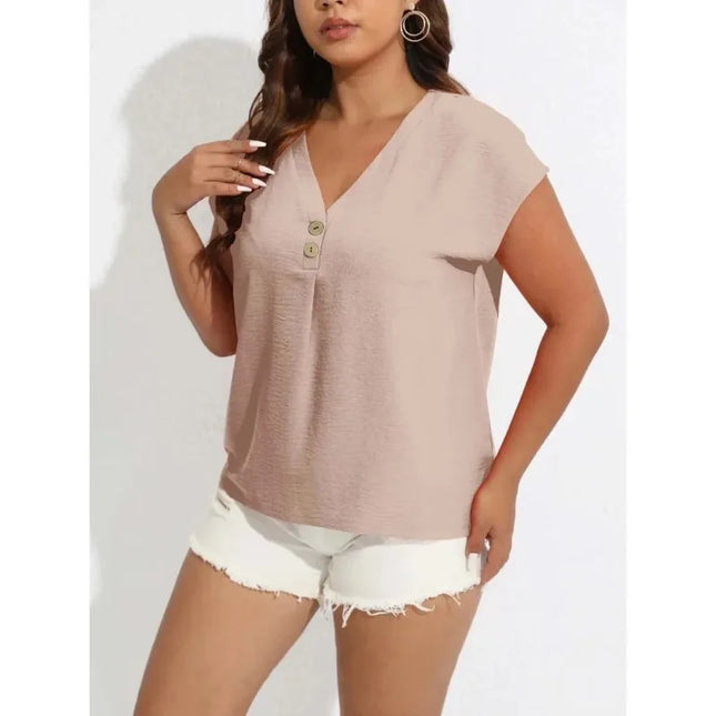 Women's Plus Size 1XL-8XL Casual Solid Color V-neck T-shirt with Buttons Short Sleeved Top Bat Sleeve Loose Shirt