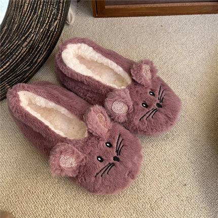 Winter Warm Slipper Women Home Fuzzy Fur Contton Plush Non Slip Grip Indoor Fluffy Lazy Female Mouse Ears Embroidery Floor Shoe