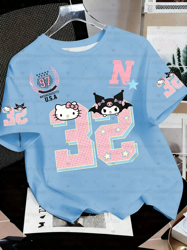 Summer Women's Girl's Casual Hello Kitty Kuromi My Melody Print Kid Cute T-Shirt Round Neck Tee Outdoor Sport Men's T-shirt