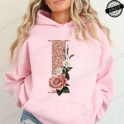 Rose Gold Letter A~Z Printed Women's Sweatshirts Hoodie Fashion Women Hooded Hoodies Casual Harajuku Streetwear Pink Clothing