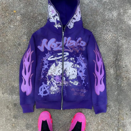 American retro Harajuku street dark hip-hop high street cartoon print zipper hoodie loose hoodie street trendsetters loose trend
