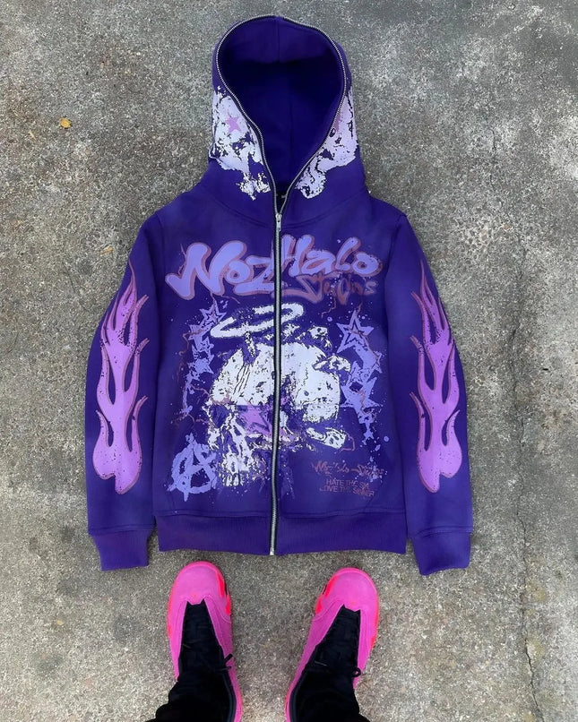American retro Harajuku street dark hip-hop high street cartoon print zipper hoodie loose hoodie street trendsetters loose trend