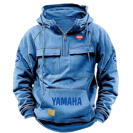 YAMAHA Zipper Hoodie for Outdoor Sports Enthusiasts, 2026 New Men's Fashion Half-Zip Pocket Autumn-Winter Hooded Sweatshirt