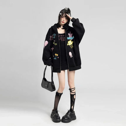 Fashion Zip Up Hoodies Women Autumn Long Sleeve Cartoon Tops Loose Hood Shirt Harajuku Y2K Clothes Female Sweatshirt Jacket
