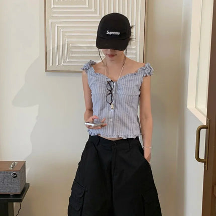 Korean Sle ort Striped Vest Women Summer Outerwear Subtle Design Single Button Lobone Trendy Age-Defng Top
