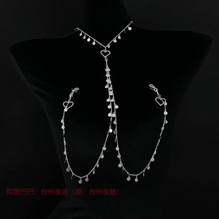 Metal Sequined Heart Nipple with Long Chain Clamps Pair Bells  Chain Clips BDSM Women Toys Adult Sex Games Breast Stimulate 18+