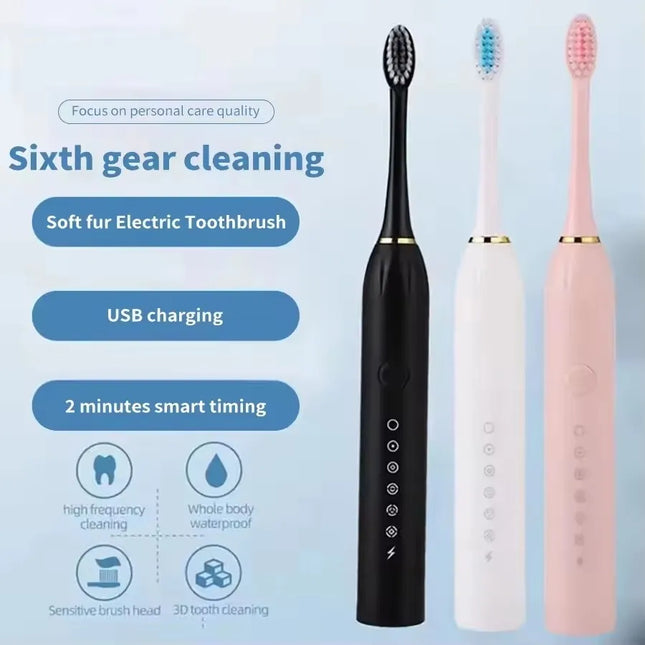 Electric Ultrasonic Toothbrush with Six Speed Modes Soft Bristles USB Charging Waterproof Adult Tooth Cleaner for Home Use Coupl