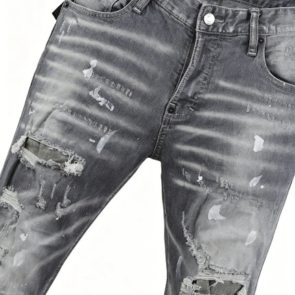 6058 Four Seasons New Men's Wash Grinding Hole Patch Paint Splash Ink Micro-bullet Leg Grey Jeans for Men