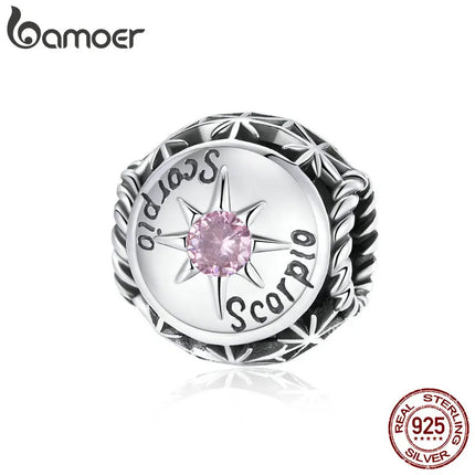 BAMOER Zodiac Star Sign 925 Sterling Silver Charm Beads Fit for Charm Bracelets, 12 Constellations Cubic Zirconia Charm SCC1725