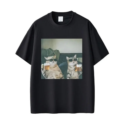 Cool Cat Drinking Beer Funny Meme T-shirt Women Casual Vintage Short Sleeve T Shirt Women Fashion Crewneck T-shirts