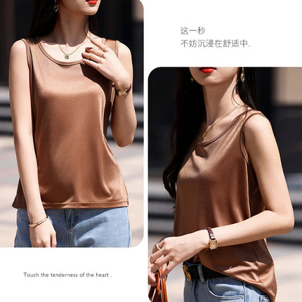 High-End Acetate Fiber Women's Knitted T-shirt with Suspender European Fashion Style Popular Women's Top