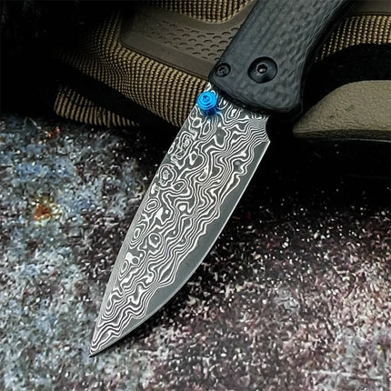New Outdoor Camping 533 Folding Belt Knife Damascus Knife Carbon Fiber Handle Jungle Tactical Multi-Functional Self-Defense Tool
