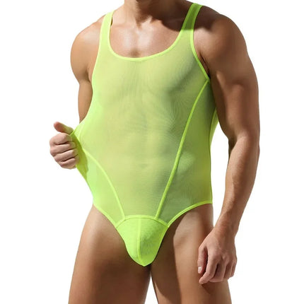 Men Sexy Bodysuits Gym Fitness Muscle Vest Fashion Sleeveless Soft Mesh Tank See Through Rompers Jumpsuits See Through T-shirts