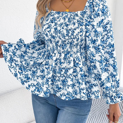 VigoCasey 2025 Spring Floral Print T-shirt Casual Women Lantern Long Sleeve Top Autumn Lady Square Neck Casual Club Short Tops