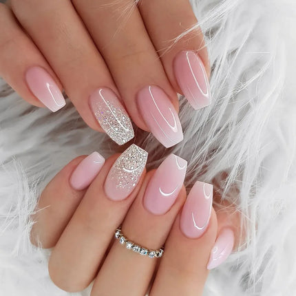 24Pcs Simple Square Head Fake Nail with nude design White Gradient French Press on False Nails Short Full Cover Nail Tips