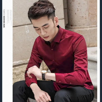 Slim Fit Long Sleeve Silk Men's Shirt Hong Kong Style Workwear Iron-Free Professional Shirt Youth Fashion Spring