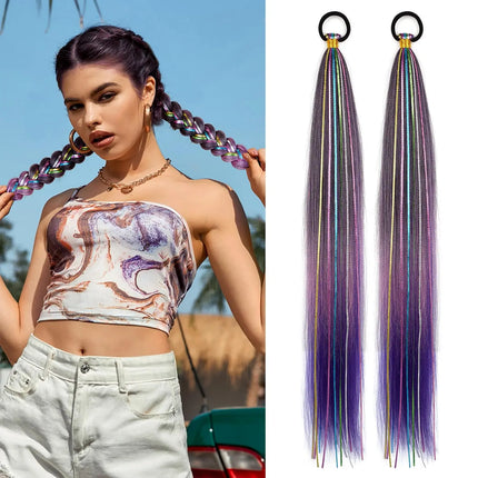 26 Inch Hair Tinsel Colored Braided Ponytail Extension 1/2 Pack Blue Pink Gradient Hair Extensions Synthetic Ponytail