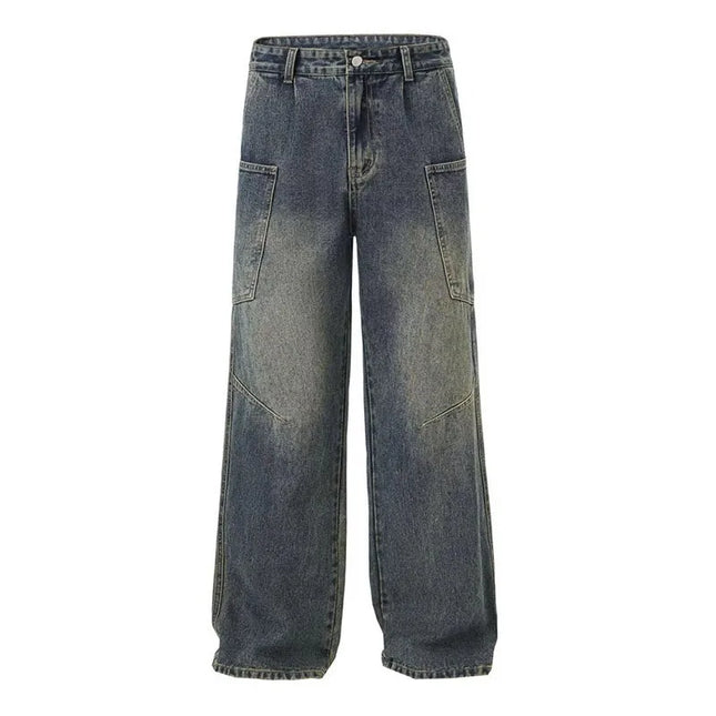 Korean Style Large Pocket Workwear Jeans Retro Blue Men'S Baggy Jeans Straight Leg Pants Casual Wide Leg Pants Casual Pants