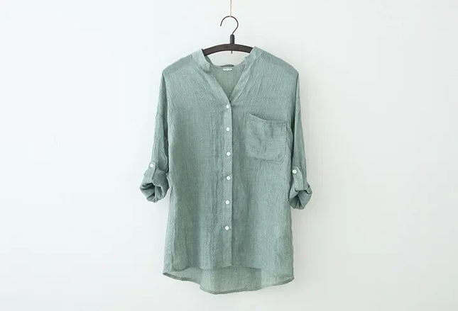 Plus-size Women Long-sleeved Shirt - linen Women's Top, Simple Solid Color Retro Shirt, 2025 Summer Korean-style Clothing