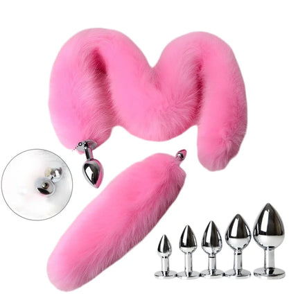 Anal Sex Toys of Long Pink Faux Fur Fox Tail with Stainless Steel Metal Butt Plug for Fetish Fantasy Flirting Adult Supplies