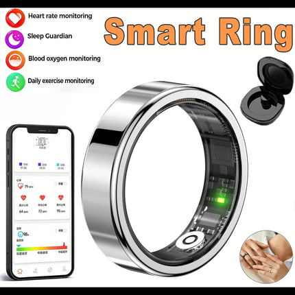 R09 Smart Ring Men Women with Charging Case,Heart Rate Blood Oxygen,Skin Temperature Monitor,5ATM Waterproof For Android iOS