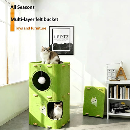 Multi-Layer Cat Tree Condo, All Seasons Cat House with Scratcher, Felt Cat Cave, Semi-Enclosed Cat Bed for Cats